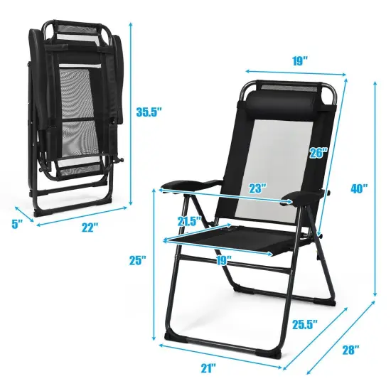 4 Pieces Patio Garden Adjustable Reclining Folding Chairs with Headrest Black {6}