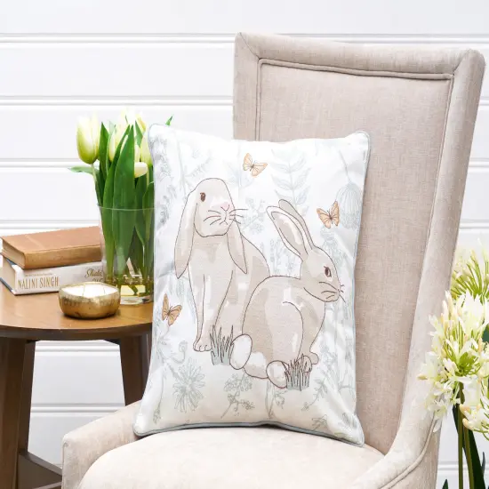 Spring Easter Garden Toile Bunny Rabbits Embroidered Accent Throw Pillow, 18" x 18" {6}