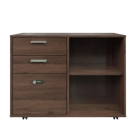 Office Wooden File Cabinet with coded Lock Drawer with Open Storage Shelves Brown Oak {6}