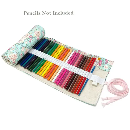 Wrapables Pencil Roll Organizer, Colored Pencil Wrap Pouch (72 slots) Pink Rose on Teal {4}