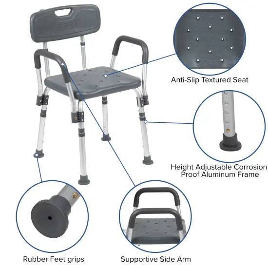 Emma and Oliver 300 Lb. Capacity Quick Release Back & Arm Shower Chair Gray {2}