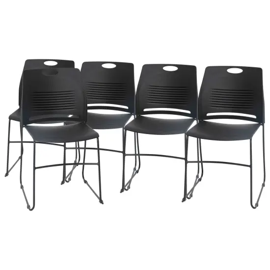 Emma and Oliver Arcana Series Set of 5 Heavy Duty 660 lb. Capacity Ergonomic Polypropylene Stack Chair with Perforated Back and Steel Sled Base Black {1}