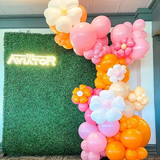 155Pcs Daisy Balloon Arch Garland Kit - Macaron Pink, Yellow, Retro Orange, White Heart Balloons, with Plum Clip and Daisy-Shaped Flowers for Groovy Party Decor, Daisy Theme Wedding, Birthday, and Baby Shower {1}