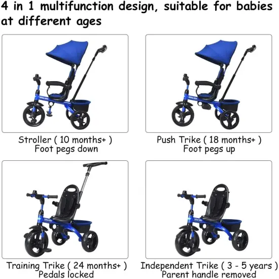 4-in-1 Kids Tricycle with Adjustable Push Handle Blue {5}