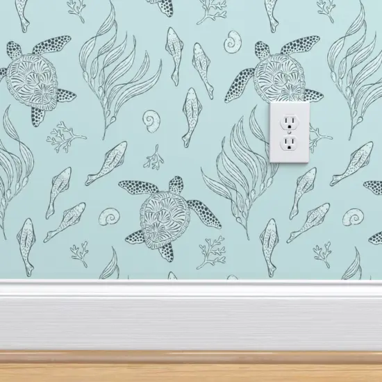Pre-Pasted Wallpaper 2FT Wide Blue Aqua Hand Drawn Ocean Sea Turtles Seaside Beach Coastal Fish Large Scale House Chic Custom Pre-pasted Wallpaper by Spoonflower {4}