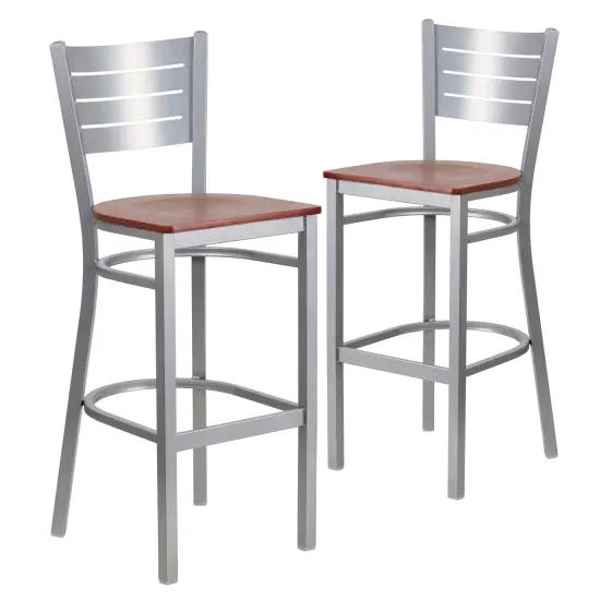 Emma and Oliver 2 Pack Silver Slat Back Metal Restaurant Barstool CherryWood/Silver {1}