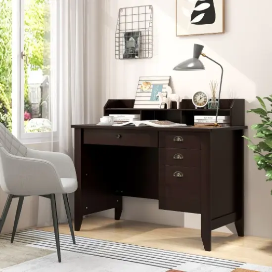 Modern Computer Desk with Storage Shelves and 4 Drawers Brown {2}