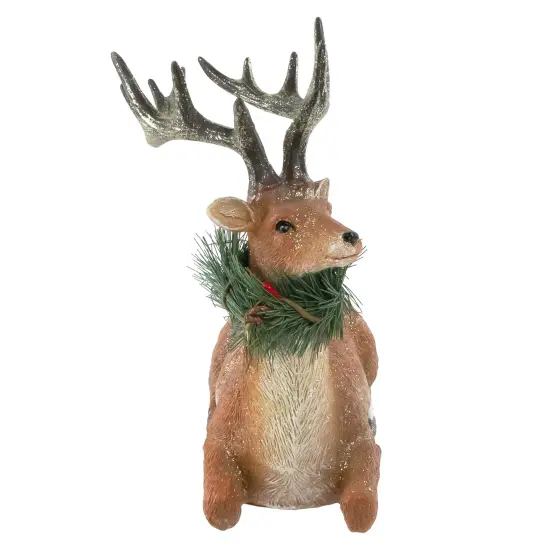 Northlight Glittered Sitting Deer with Pine Neck Wreath Christmas Decoration - 10" Brown {4}