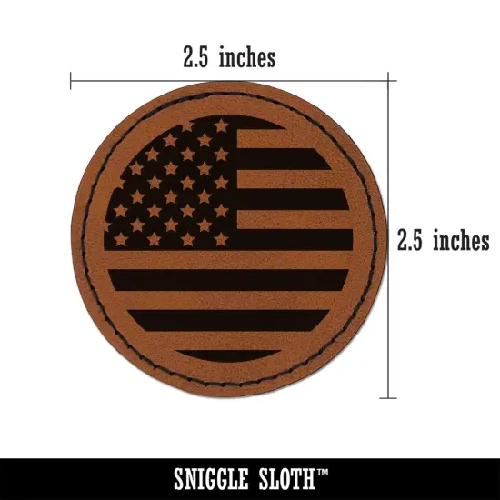 Circle USA Flag United States of America Round Iron-On Engraved Faux Leather Patch Applique - 2.5" Brown {3}