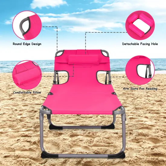 Goplus 2 PCS Outdoor Beach Lounge Chair Folding Chaise Lounge with Pillow Pink {5}