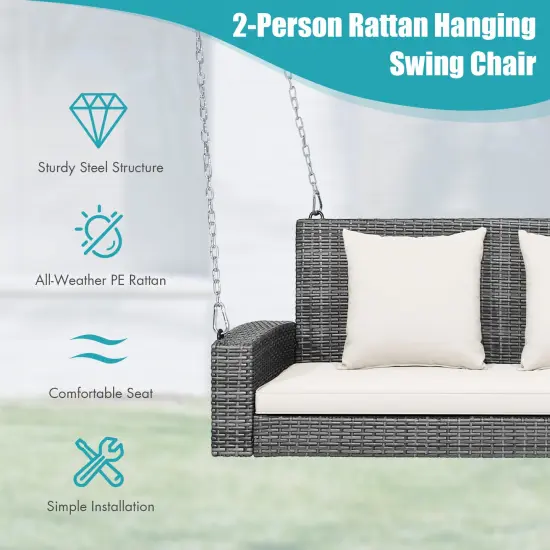 2-Person Patio PE Wicker Hanging Porch Swing Bench Chair with Cushion White {2}