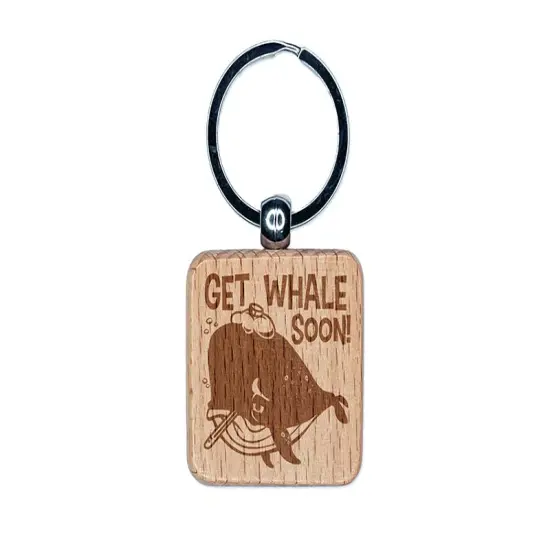 Get Well Soon Sick Whale with Thermometer and Ice Pack Engraved Wood Square Keychain Tag Charm {1}