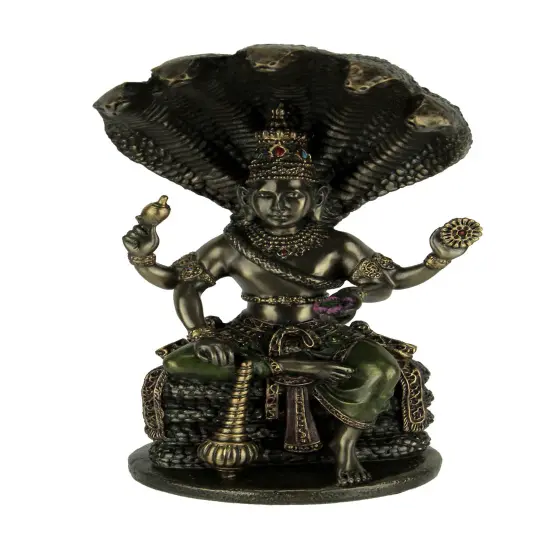 Bronze Finish Vishnu Sitting On Shesha Holding Weapons and Lotus Statue {1}