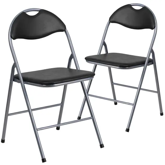 Emma and Oliver 2 Pack Vinyl Metal Folding Chair with Carrying Handle Black {1}