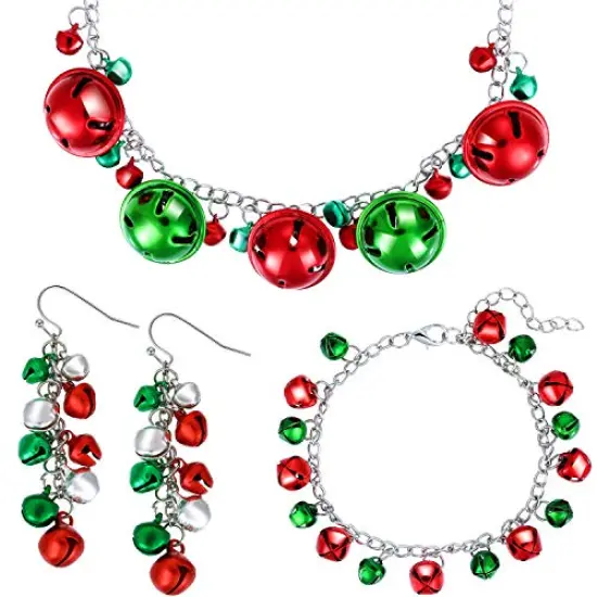 4 Pieces Christmas Bell Jewelry Set Includes Bells Necklace Bracelet Dangle Earring for Christmas Party {1}