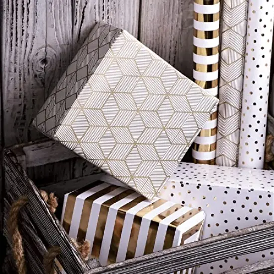 Wrapping Paper Roll for Birthday - Mini Roll - 17 inch X 120 inch Per roll - White & Gold Foil Design (42.3 sq.ft.ttl) {6}