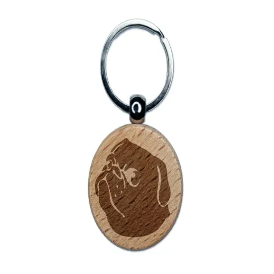 Solid Pug Looking Back Engraved Wood Round Keychain Tag Charm {1}