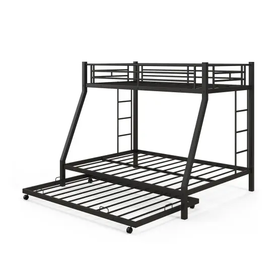 Twin Over Full Bunk Bed Frame with Trundle for Guest Room-Black {1}