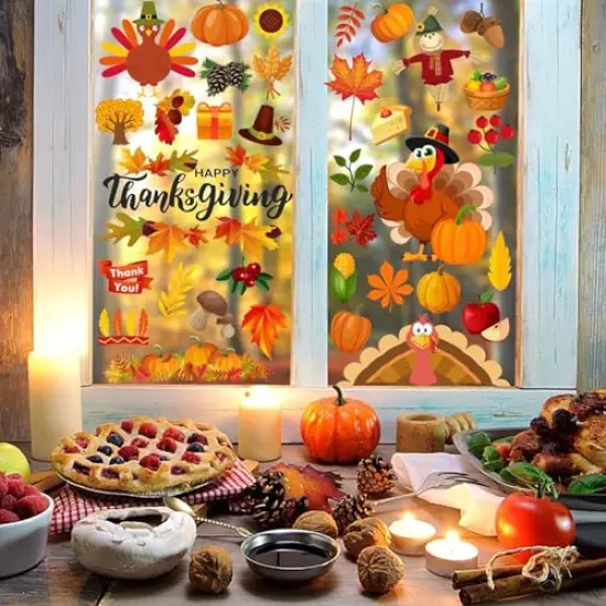 Happy Storm Thanksgiving Window Clings, Thanksgiving Window Stickers Deals Decor, Fall Leaves Window Clings for Glass Window, Double Sided Turkey Window Clings for Home Office Decorations {3}