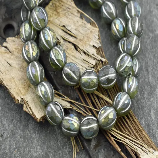 *20* 8mm Silver Washed Matte Peridot AB Faceted Round Melon Beads {4}