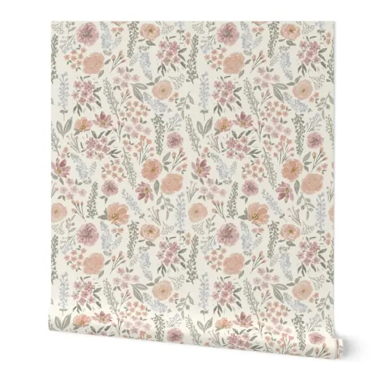 Peel & Stick Wallpaper 2FT Wide Blush Floral Muted Colors Sage Green Wildflower Meadow Feminine Custom Removable Wallpaper by Spoonflower {7}