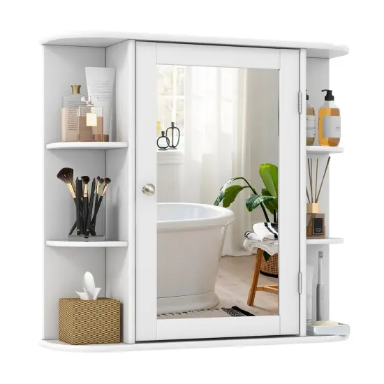 Wall Mounted Mirror Bathroom Storage Cabinet with 3 Adjustable Shelves and 6 Open Side Racks White {1}