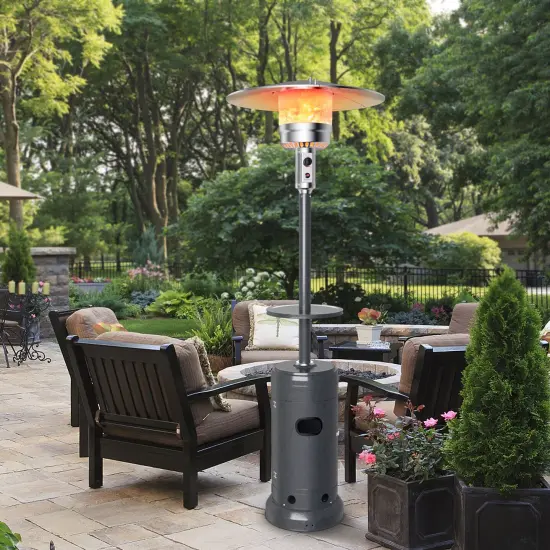 Outdoor Heater Propane Standing LP Gas Steel with Table & Wheels Grey {2}