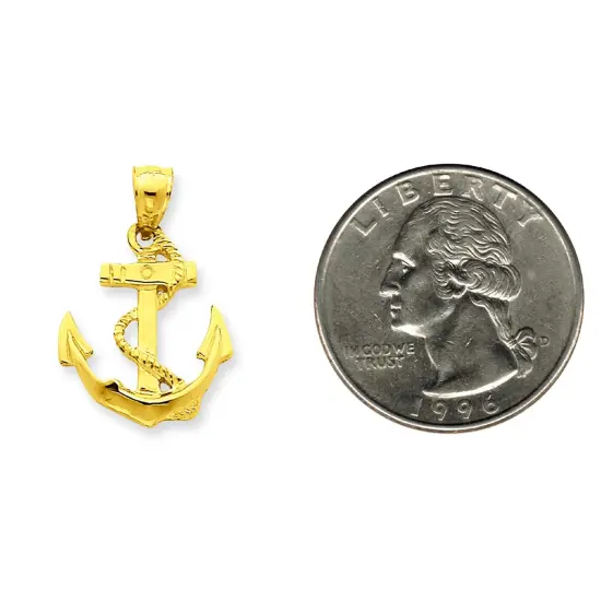 14K Yellow Gold Anchor & Rope Charm Sailing Pendant Jewerly 24mm x 11mm {2}