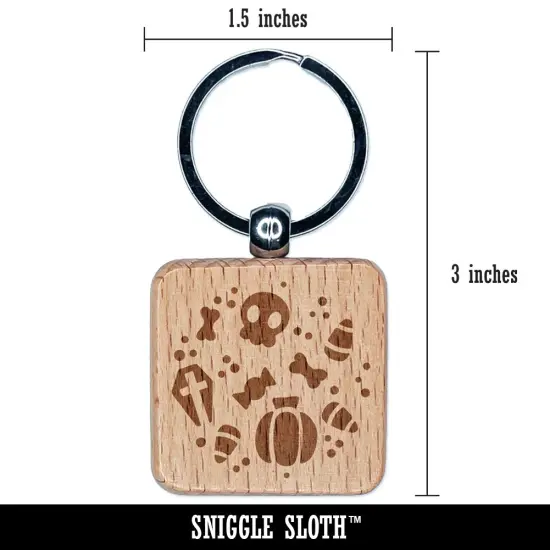 Halloween Elements Skull Pumpkin Candy Corn Grave Engraved Wood Square Keychain Tag Charm {2}