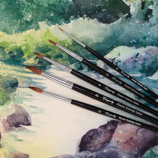 Creative Mark Rhapsody Kolinsky Sable Brushes for Professional Watercolorists- Round Precision Set of 4 Excellent Spring, Full Belly, Split-Proof Points, Chrome Ferrules, Short Handle, English Sizing {6}