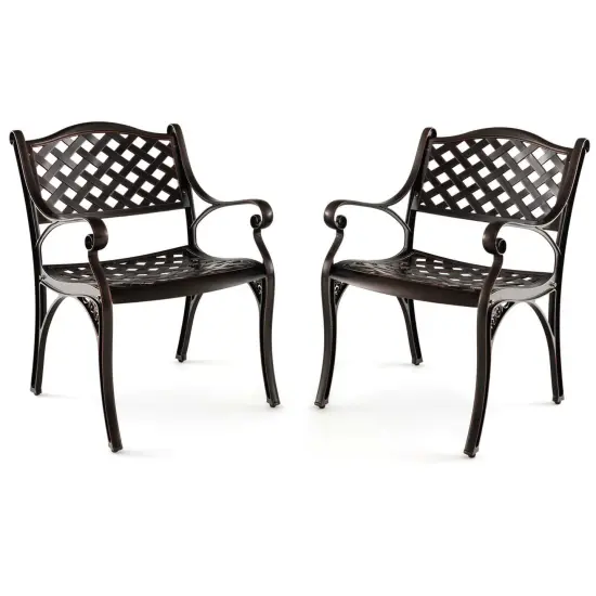 Costway 2/4 PCS Cast Aluminum Patio Chairs Set of 2 All Weather Outdoor Dining Chairs with Armrests Bronze {2}