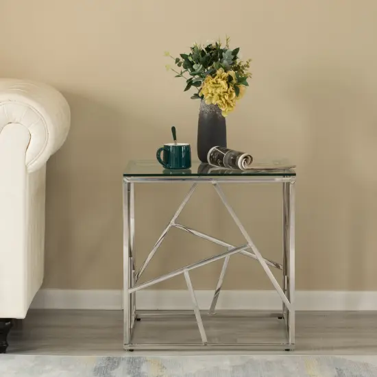 Modern Square End Side Table, Tempered Glass Top Metal Coffee Table Silver {4}