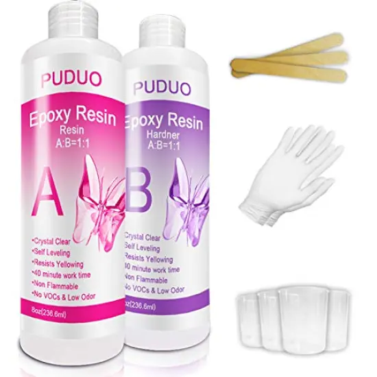 Epoxy Resin Crystal Clear Kit for Art, Jewelry, Crafts, Coating- 16 OZ Including 8OZ Resin and 8OZ Hardener | Bonus 4 pcs Measuring Cups, 3pcs Sticks, 1 Pair Rubber Gloves by Puduo {1}