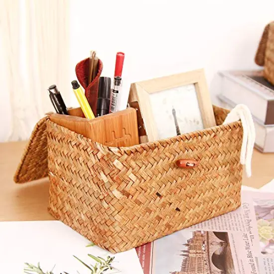 FEILANDUO Shelf Baskets with Lid Set of 3 Handwoven Seagrass Storage Box Wicker Basket Desktop Makeup Organizer Multipurpose Container (Original (S/M/L) {4}
