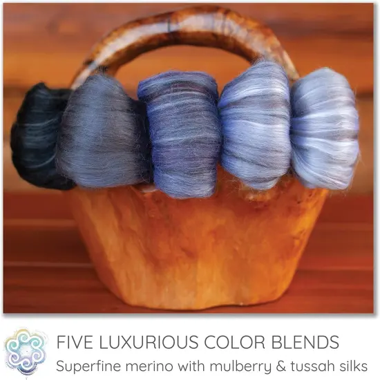 5oz Merino Silk Luxe Blends - Roving for Spinning, Felting, and Blending. Merino Wool + Glossy Mulberry Silk + Premium Tussah Silk. Nightfall {3}