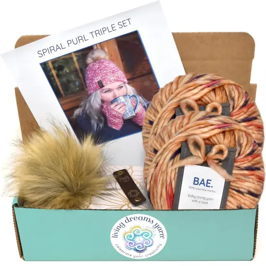 DIY Winter Accessories Triple Set Knit Kit. Includes Bulky Superfine Merino Wool Yarn, Printed Pattern, Pom-Pom, Rim Tag. Soft, Cozy, Great for Gifts Honeybun {1}
