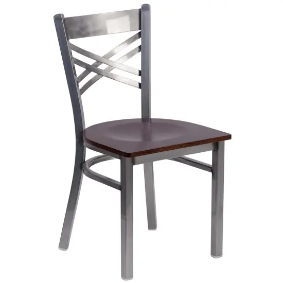 Emma and Oliver Clear Coated "X" Back Metal Restaurant Dining Chair Walnut/ClearCoated {1}