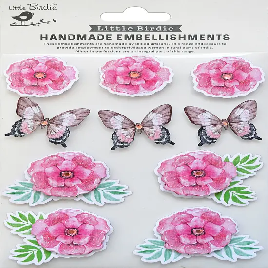 Little Birdie Sticker Blossoms & Butterfly 10/Pkg-Rosy Delight {1}