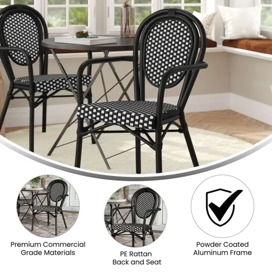 Merrick Lane Celia Stacking Thonet Bistro Style Chair with Arms, PE Rattan Seat, and Metal Frame for Indoor/Outdoor Use Black&White/BlackFrm {4}