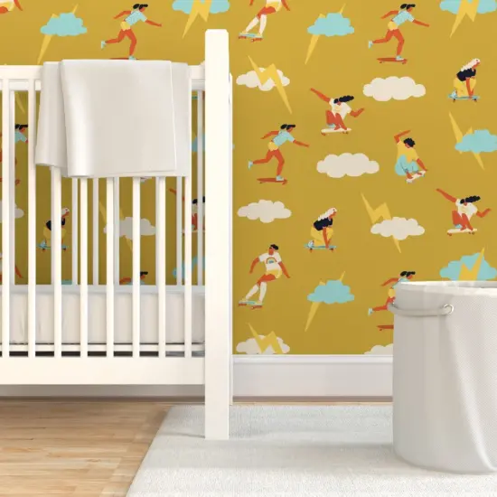 Pre-Pasted Wallpaper 2FT Wide Skater Girls Retro 1970S Skateboard Feminism Women Skateboarding Custom Pre-pasted Wallpaper by Spoonflower {7}