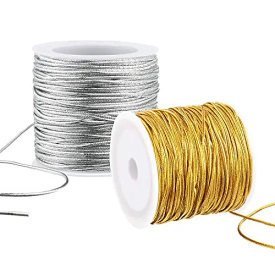 2 Rolls Metallic Elastic Cords Stretch Cord Ribbon Metallic Tinsel Cord Rope for Craft Making Gift Wrapping, 1 mm 55 Yards (Gold and Silver) {1}
