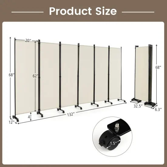 6 Panel 5.7 Feet Tall Rolling Room Divider on Wheels White {4}