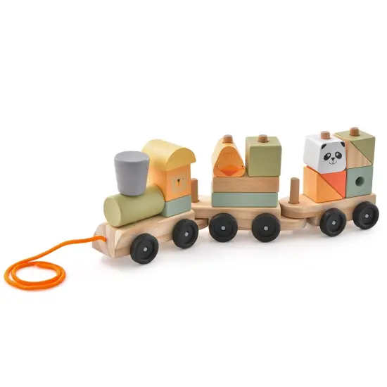 Costway Kids Wooden Train Set Toddler 3-Section Toy Train with Stackable Building Blocks {1}