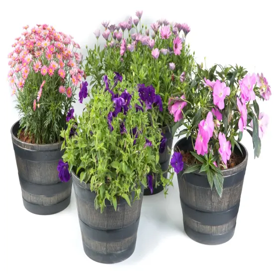 Gardenised 4-Piece Round Half Barrel Flower Pots Rustic Farmhouse Style Faux Wood Planter Containers for Indoor & Outdoor Use Perfect for Displaying Decorative Garden Florals Herbs & Succulents {2}