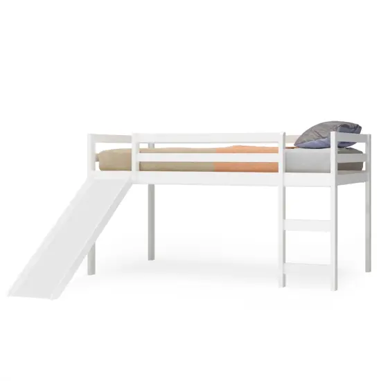 Twin Size Low Sturdy Loft Bed with Slide Wood White {1}