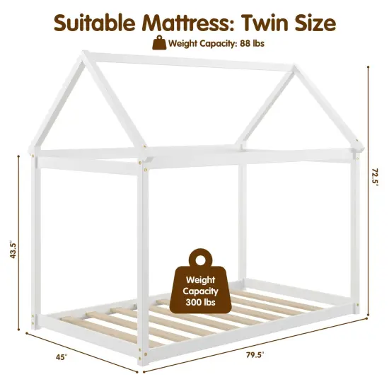 Twin Size Wood House Bed for Kids, Sturdy and Easy Setup White {5}