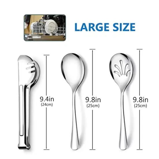 Stainless Steel Metal Serving Utensils - Large Set of 9-10" Serving Spoons, 10" Slotted Spoons, and 9" Serving Tongs by Teivio (Silver) {6}
