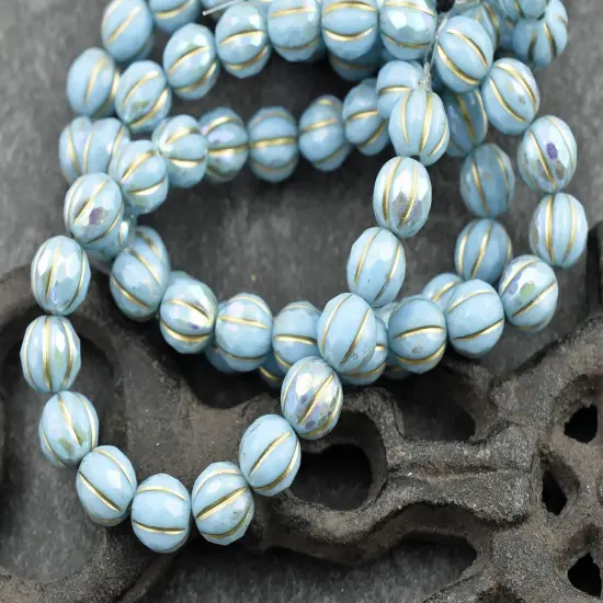 *20* 8mm Gold Washed Sky Blue AB Faceted Round Melon Beads {2}