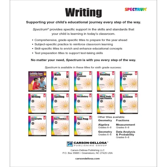 Spectrum Grade 6 Writing Workbook, Learn to Write a Story, to Inform, an Argument, Handwriting Practice for Kids 11-12, Classroom or Homeschool Curriculum {2}