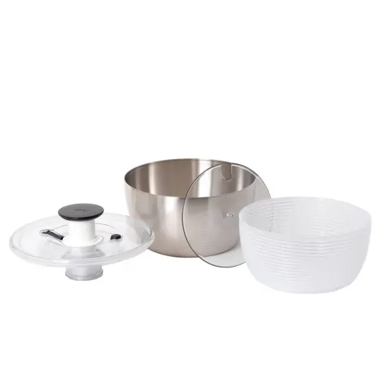 OXO Stainless Steel Salad Spinner with Locking Lid Rubber Bottom {3}